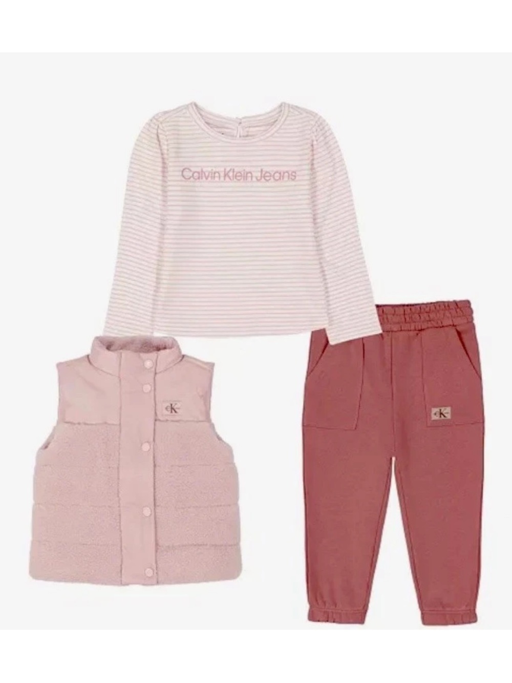 Calvin Klein Jeans Girls' Pink Stripe Top, Mauve Joggers & Blush Vest Set 4 t